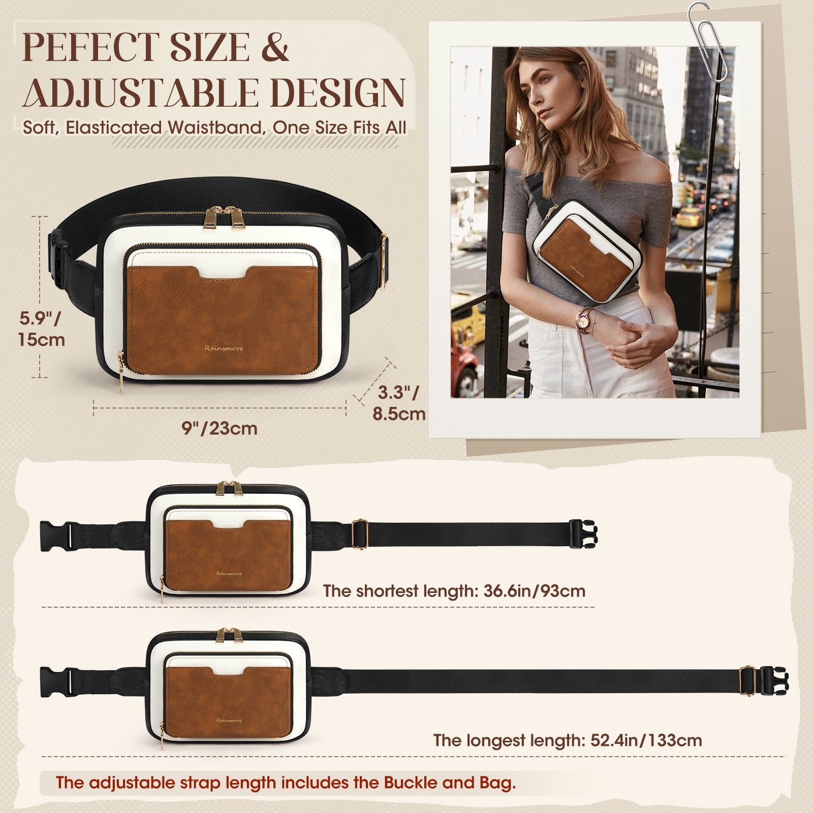 RAINSMORE Fanny Packs for Women, Leather Belt Bag Waterproof Everywhere Crossbody Waist Pack with Adjustable Strap Retro Sling Chest Bag for Work Running Travel Party,Black&Brown&White