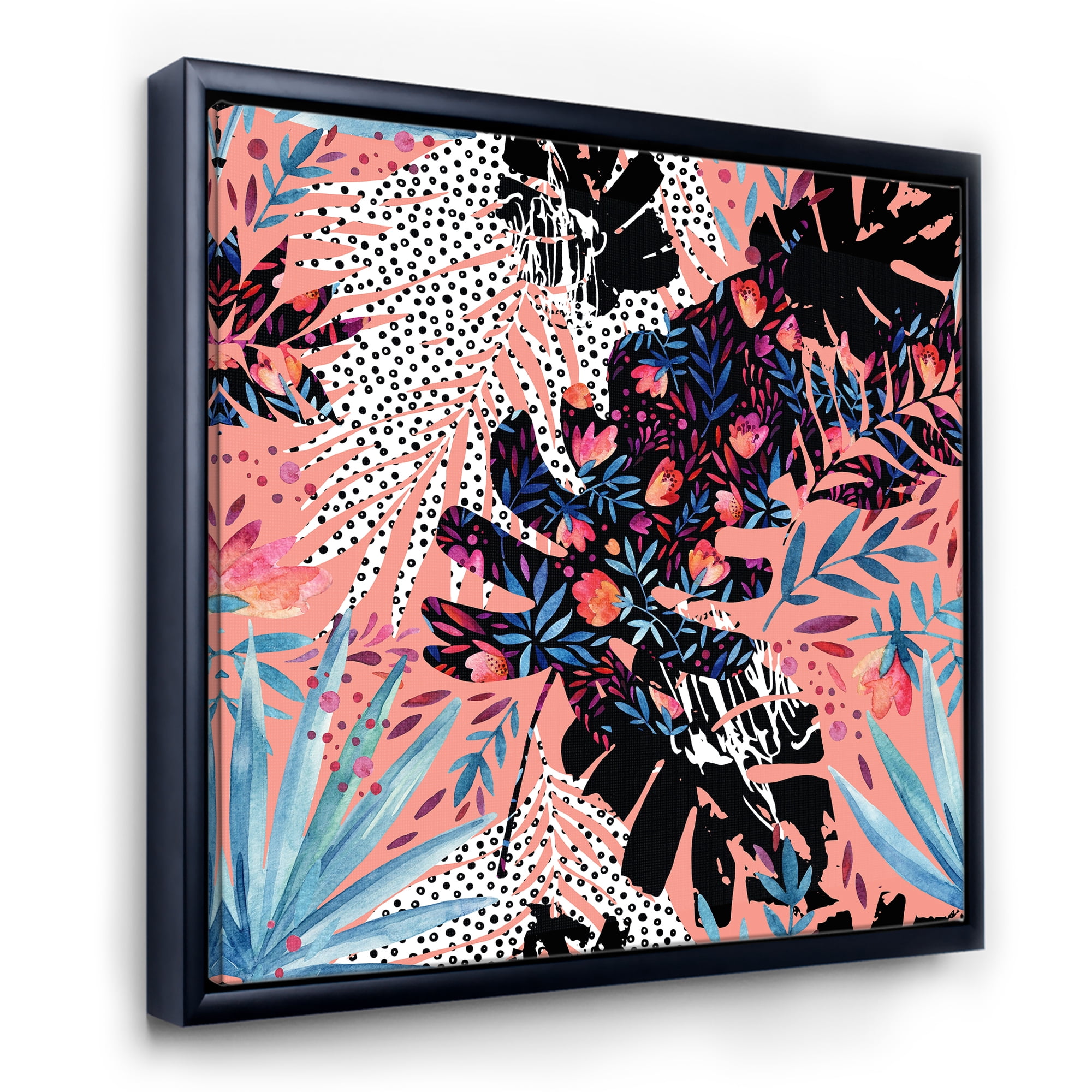 Designart 'Abstract Tropical Floral Patchwork II' Tropical Framed Canvas Wall Art Print