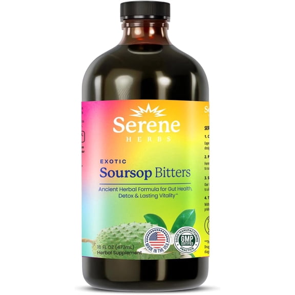 Serene Herbs - Soursop Bitters Liquid - Organic Herbal Guanabana Detox with Black Seed, Moringa & Ginger - Supports Digestive Wellness & Immune Function - 16 fl oz​