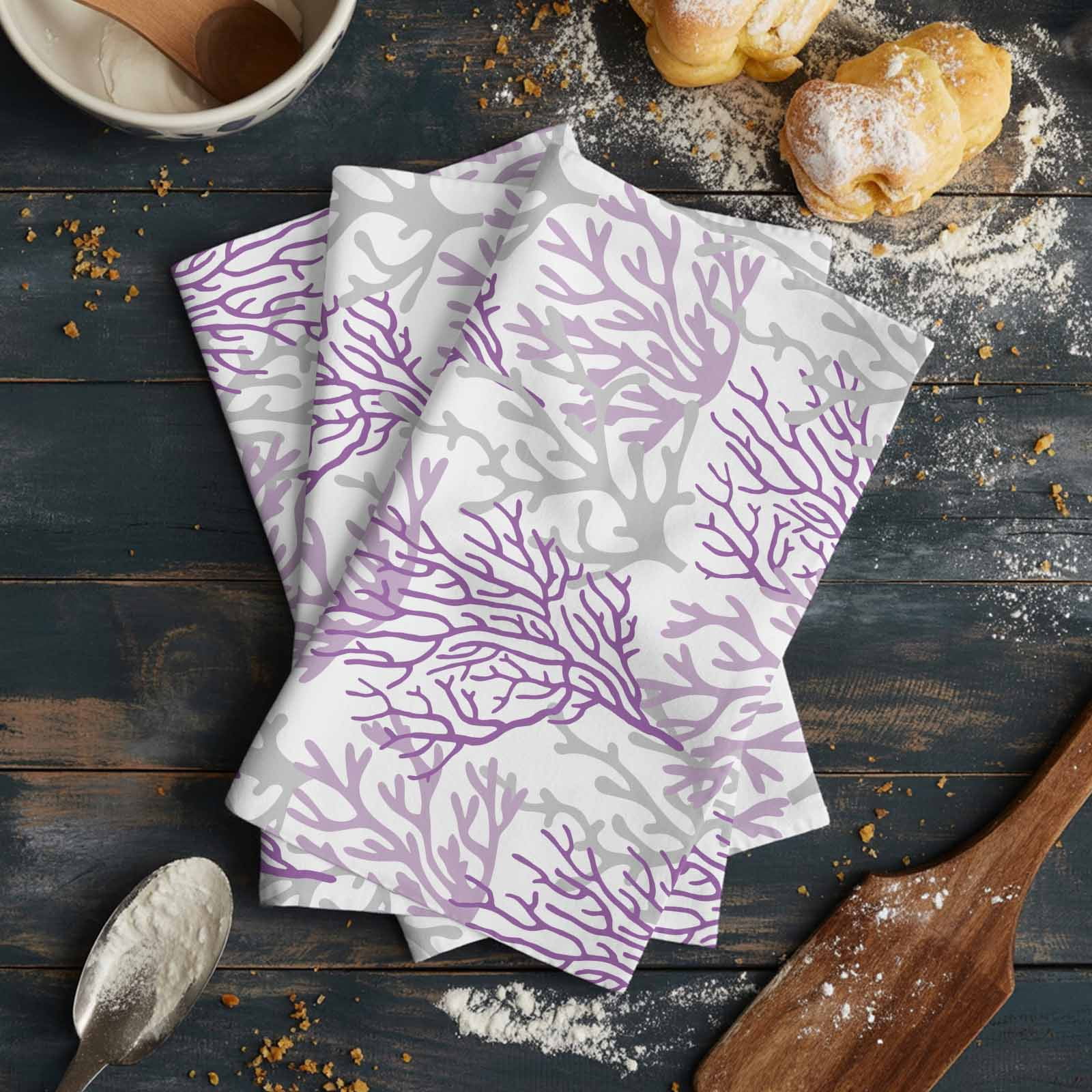 Purple Gray Coral Coastal Kitchen Towels Set of 4, Water Absorbent Dish Towel, Summer Beach Seaside Nautical Decorative Hand Towels - Quick Drying Cloth for Cooking Baking, 18x28 Inch