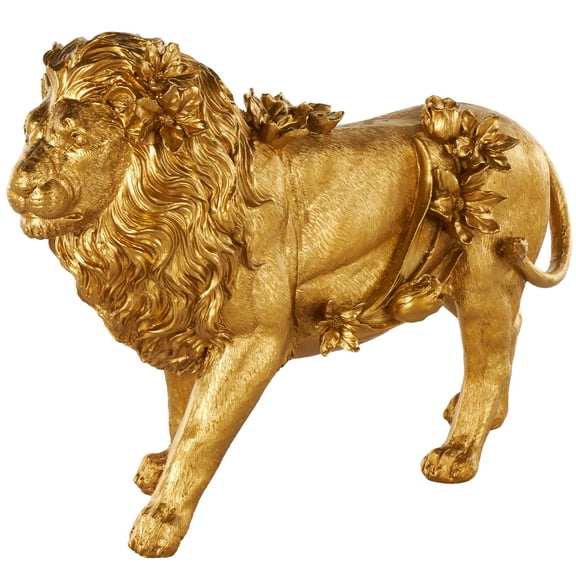 18" x 13" Gold Resin Walking Lion Sculpture with Floral Accents, by DecMode