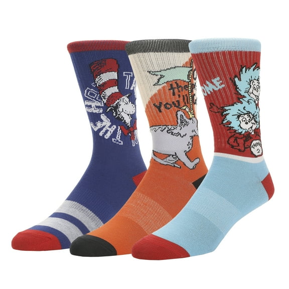 Dr Seuss Lorax Oh The Places and Cat Mens Athletic Crew Socks 3 Pack