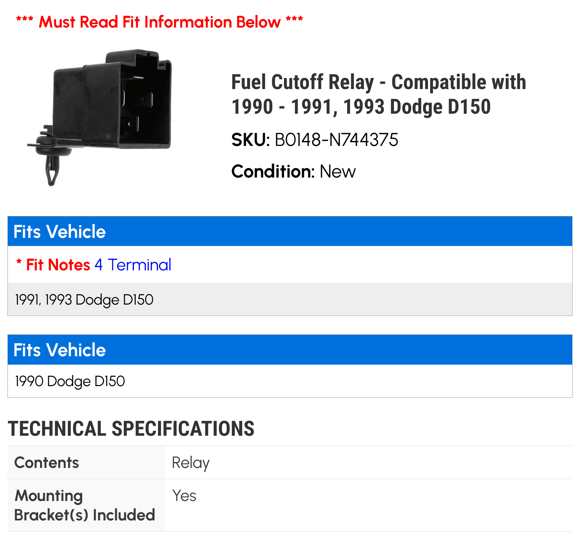 Fuel Cutoff Relay - Compatible with 1990 - 1991, 1993 Dodge D150