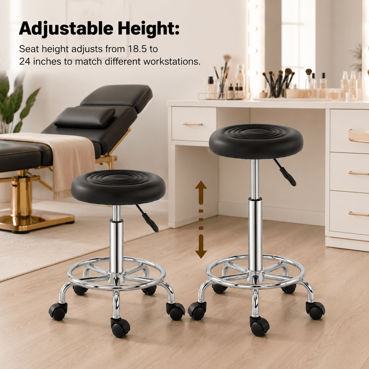 Alvantor Rolling Stool with Ribbed Round Seat, Adjustable Height, Black