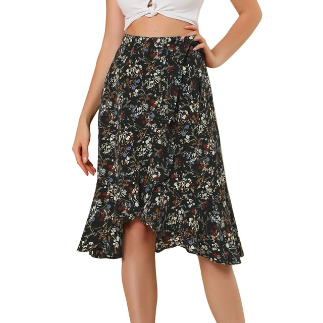 Falda Cruzada de Verano Allegra K con dobladillo alto y bajo con volantes En la cintura con Lazo floral para mujer Blanco negro XS