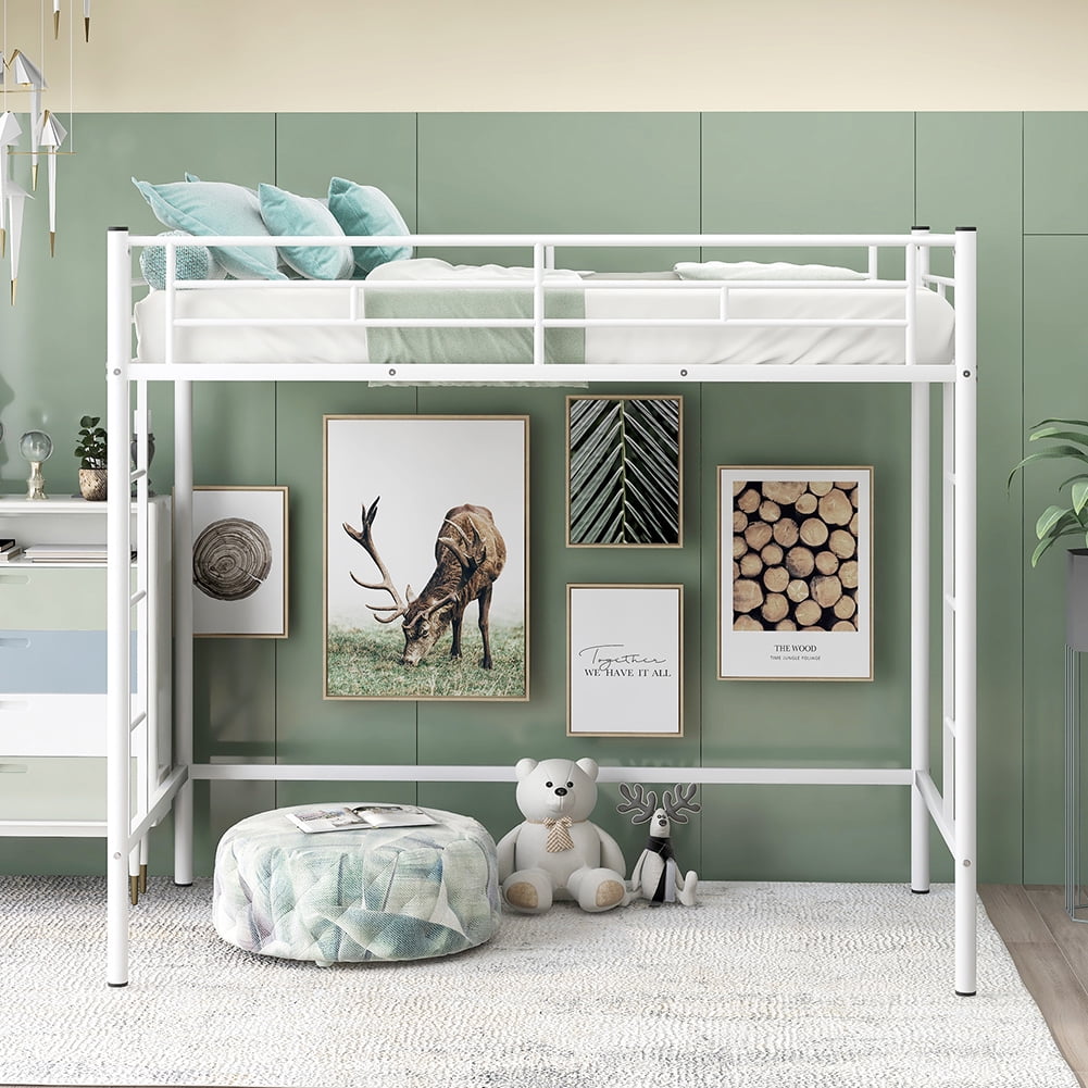 Kadyn Twin Loft Bed, Metal Bed with Rails & Ladders on Both Sides, White