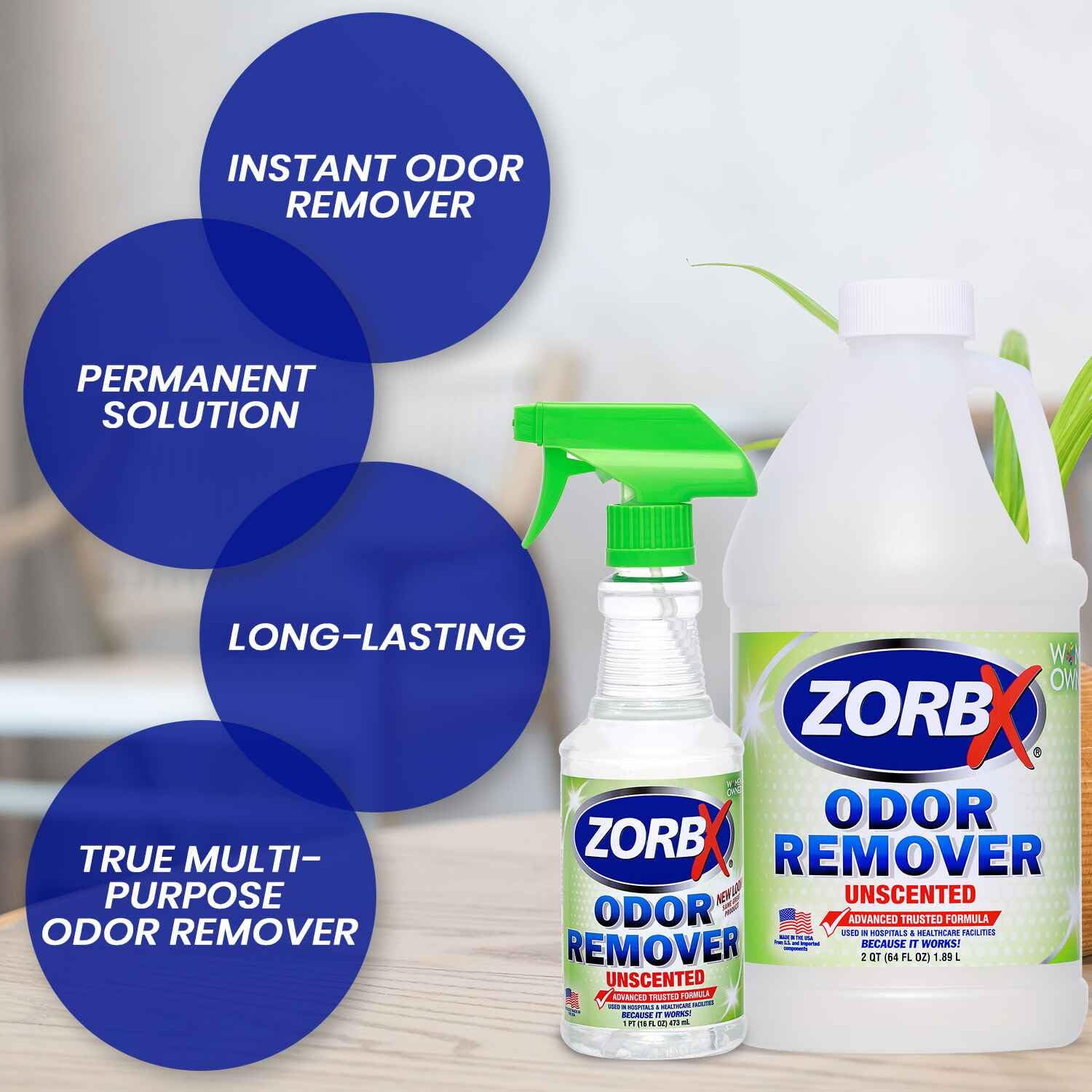 ZORBX Unscented Odor Eliminator Spray for Hospitals & Healthcare – Dog, Cat, Car & Carpet Deodorizer (16oz + 64oz)