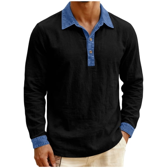 Men's Linen Cotton Long Sleeve Shirt Collared Denim Patchwork Loose Shirt Casual Trendy Top Daily Wear,M,Black