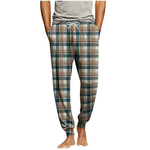 Ecqkame Men's Pajama Pants Plaid Printing Lounge Comfy Elastic Waist Drawstring Pant Casual Loose Everyday Trousers Navy XXL