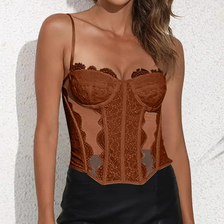 Tao Tao Corset Tops For Women Going Out Lace Mesh Date Night Top Spaghetti Strap Party Club Top Solid Color Perspective Fashion Shapewear Top Coffee S