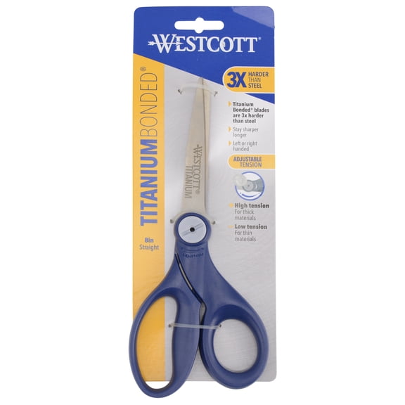 Westcott 8" Titanium Bonded Straight Hard Handle Scissors, Adjustable Glide, Blue, 1-Count