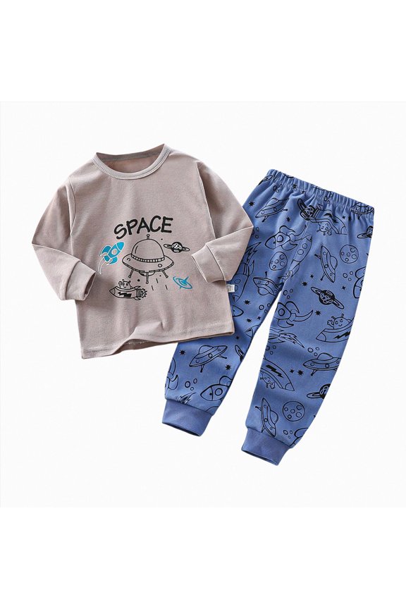 Big Boys Autumn Long Sleeve 2 Piece Clothing Set, Airplane Cartoon Prints Comfortable Everyday Long Sleeve Winter Outfit For Kids(L101-Blue,1-2 Y)