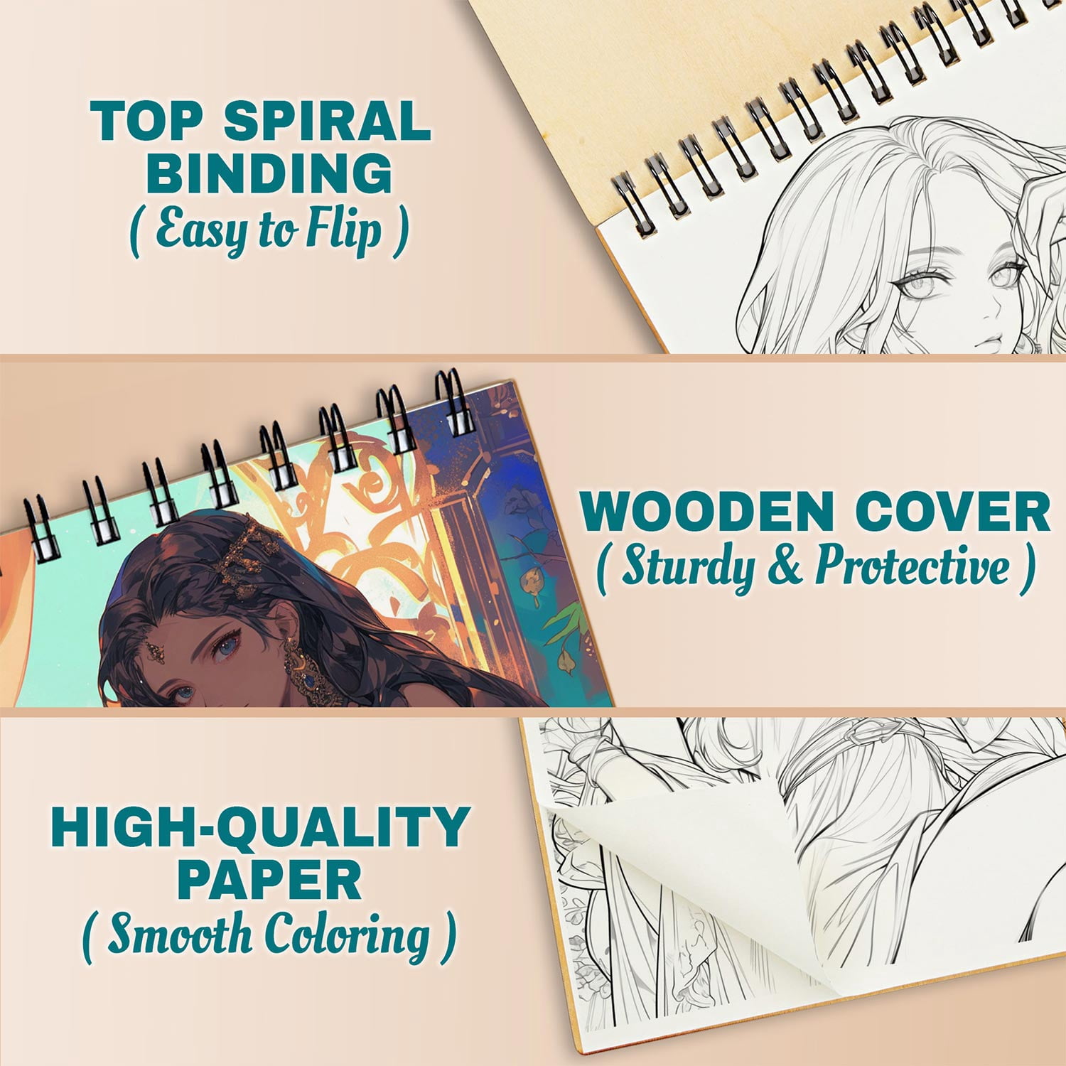 Netecom Nymph Coloring Book Spiral Bound for Adults, A5 Wooden Cover, 30 Enchanting Coloring Pages of Mythical Beauties for Stress Relief and Relaxation