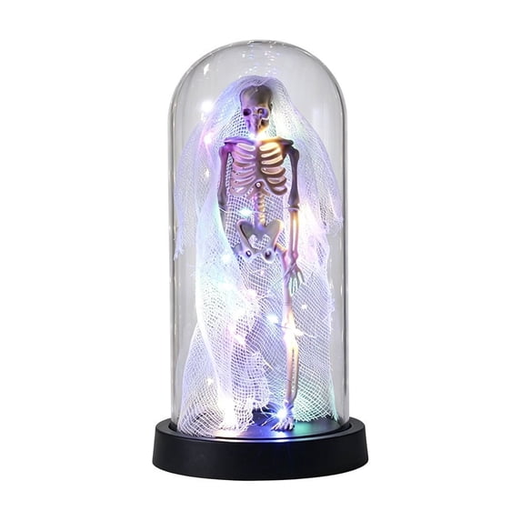 Diceymbol Halloween Skeleton Glass Dome Light 9 Inch Color Changing LED Gauze Figurine for Mantel Shelf Table Decor