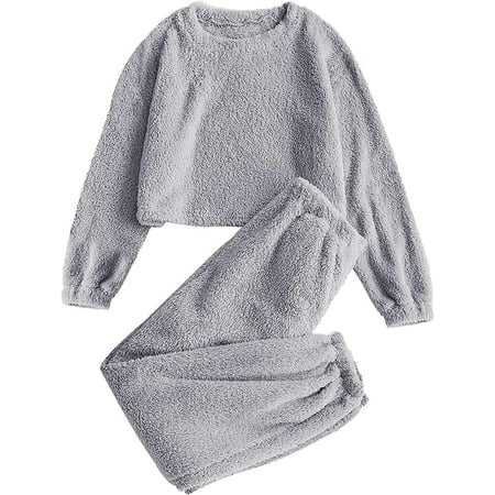 

DanceeMangoos Women s Fleece Pajamas Sets Fluffy Sleepwear 2 Piece Warm Cropped Pullover Pants Pockets Fuzzy Loungewear