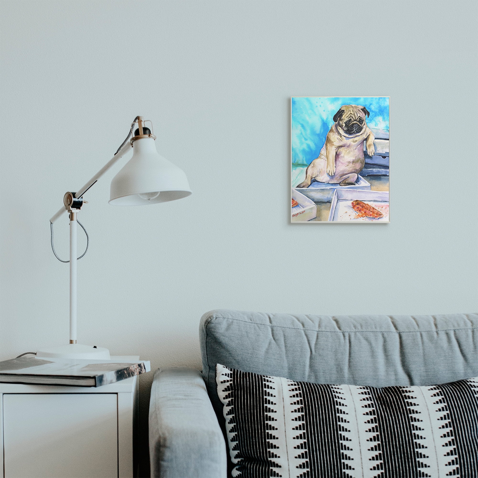 Stupell Industries Chubby Pug Dog with Pizza Boxes Pet Portrait Wall Plaque, 10 x 15, Design by George Dyachenko