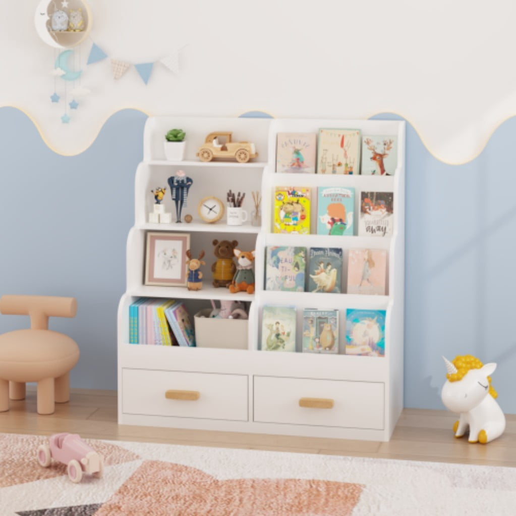 Kids Bookshelf with 2 Storage Drawers, Front-Facing Children's Bookcase & Toy Organizer, Multi-Tier Wooden Reading Shelf for Toddlers, Nursery, Playroom & Bedroom, White