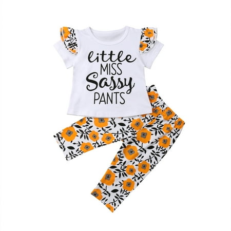 Flare Set - 2PCS Kids Girl Summer Clothes Ruffles Arrow Sassy Tee Shirt Floral Flare Pants Leggings Outfits Set