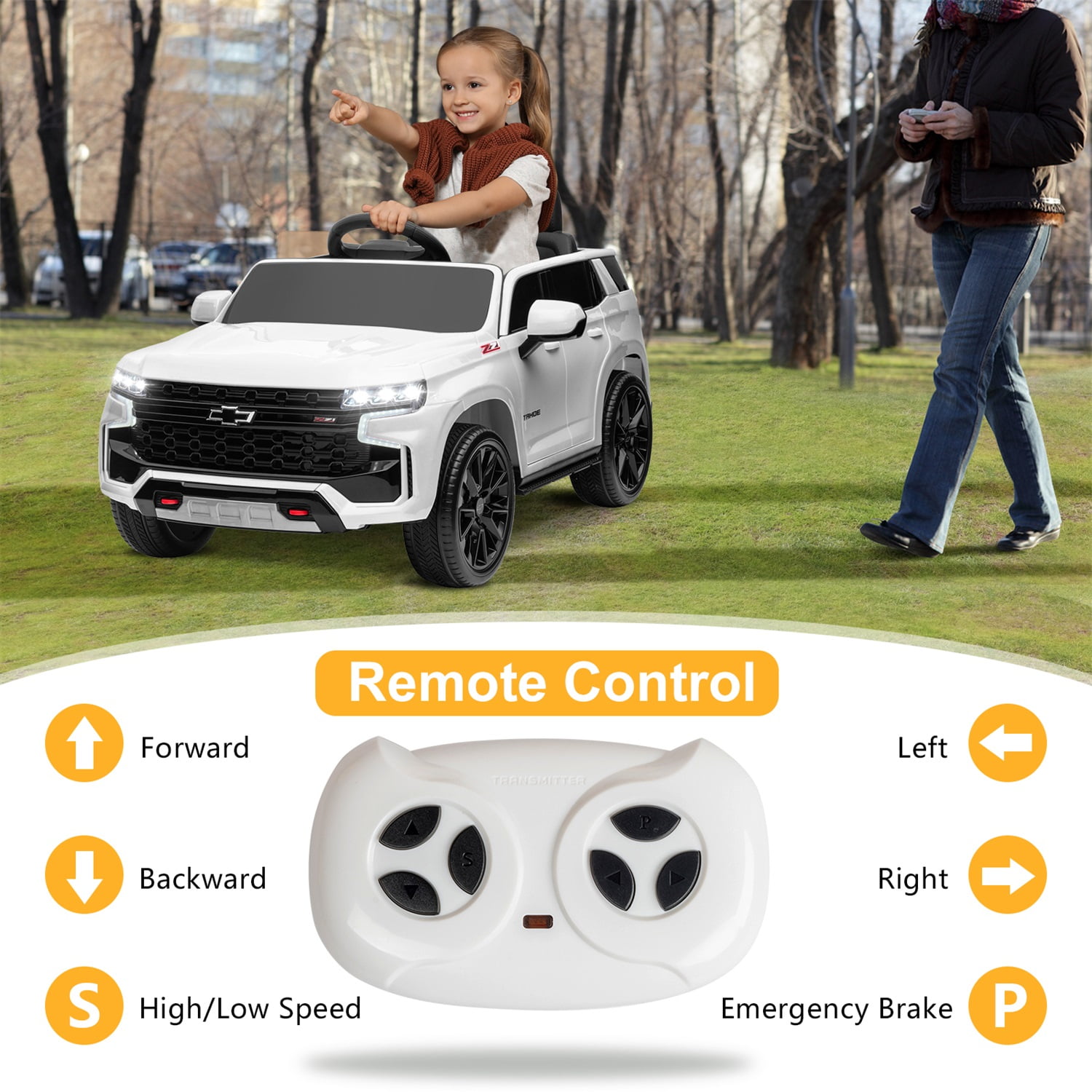 CIPACHO Licensed Chevrolet 12V Ride On, Electric Kids Car Toys with 2.4G Remote Control Dual Drive SUV, White