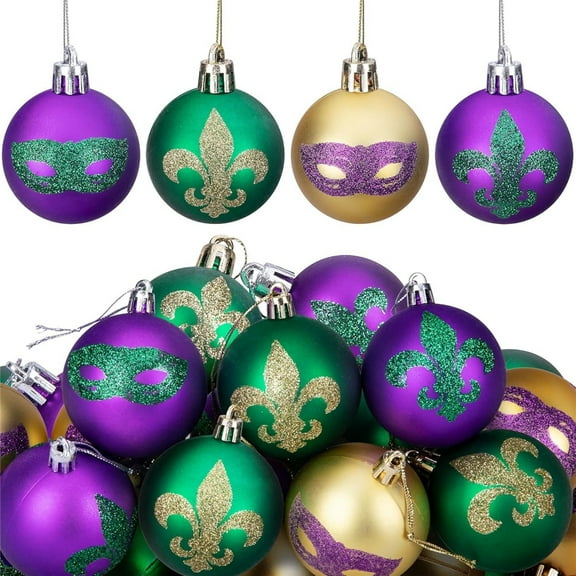 Ebaokuup 24 PCS Mardi Gras Hanging Ball Ornaments-1.57 Inch Mardi Gras Shatterproof Ball-Purple Green Gold Tree Ornaments for Mardi Gras New Orleans Masquerade Party Decoration