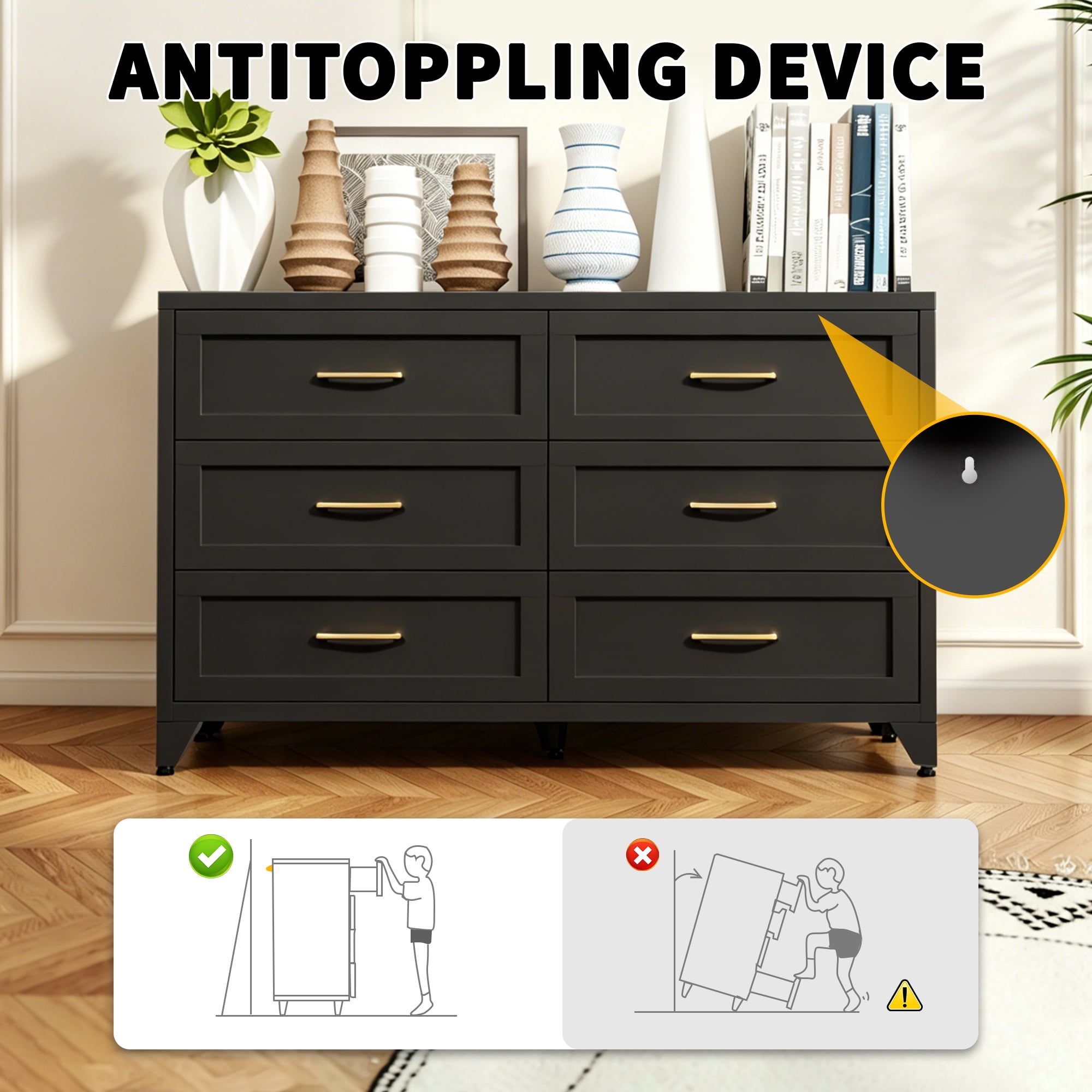 ShiKeyi 6 Drawer Dresser for Bedroom, Modern Metal Wide Storage Chest with Metal Handles and Legs, Black