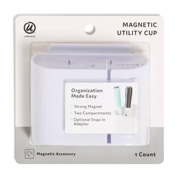 Utility Cup Magnetic Storage White: Magnetic Pen Holder for Whiteboard & Locker, Plastic Presentation Board Accessory