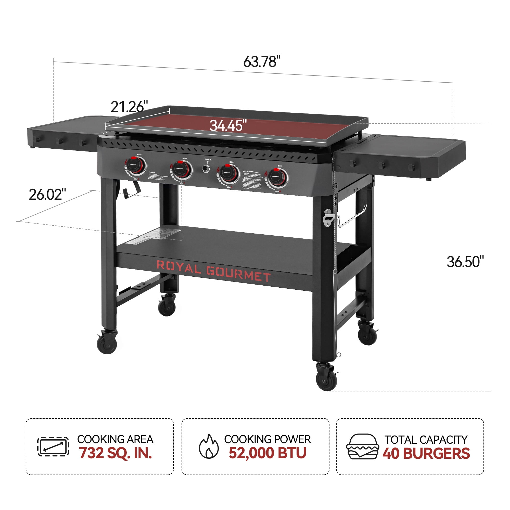 Royal Gourmet GB4005 34-Inch 4-Burner Gas Griddle,Griddle with Collapsible Side Shelves and Storage Basket,Perfect for Outdoor Cooking like Camping or Tailgating, Black