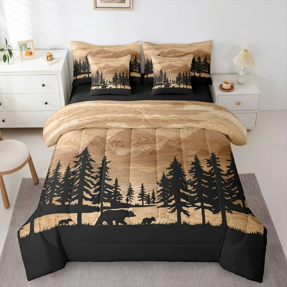 Manfei Wild Bear 7-Piece Twin Bedding Sets,Jungle Animal Bedding Comforter Set,Rustic Wood Sheet Sets For Kids,Super Cozy Room Decor Reversible