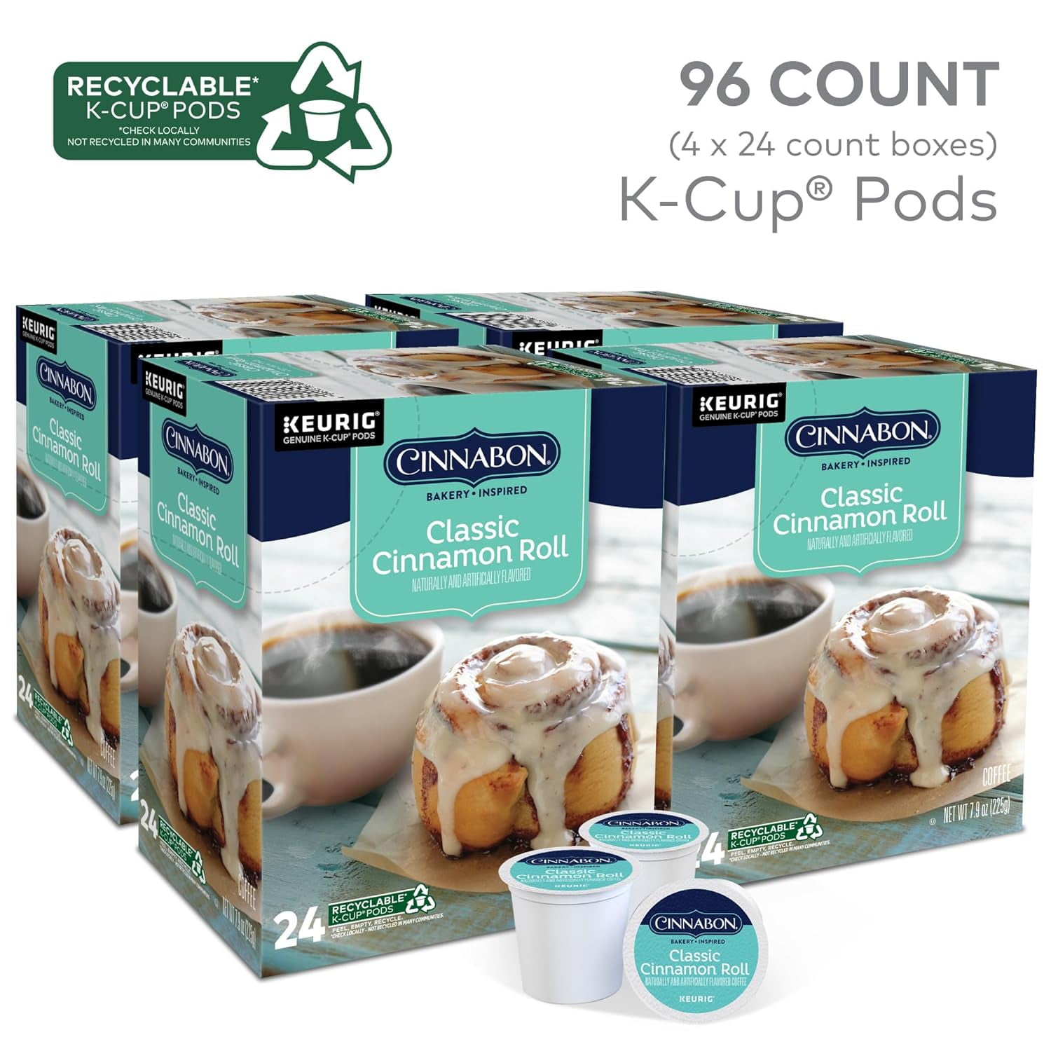 Cinnabon Classic Cinnamon Roll Keurig Single-Serve K-Cup Pods, Light Roast Coffee, 96 Count (4 Packs of 24)