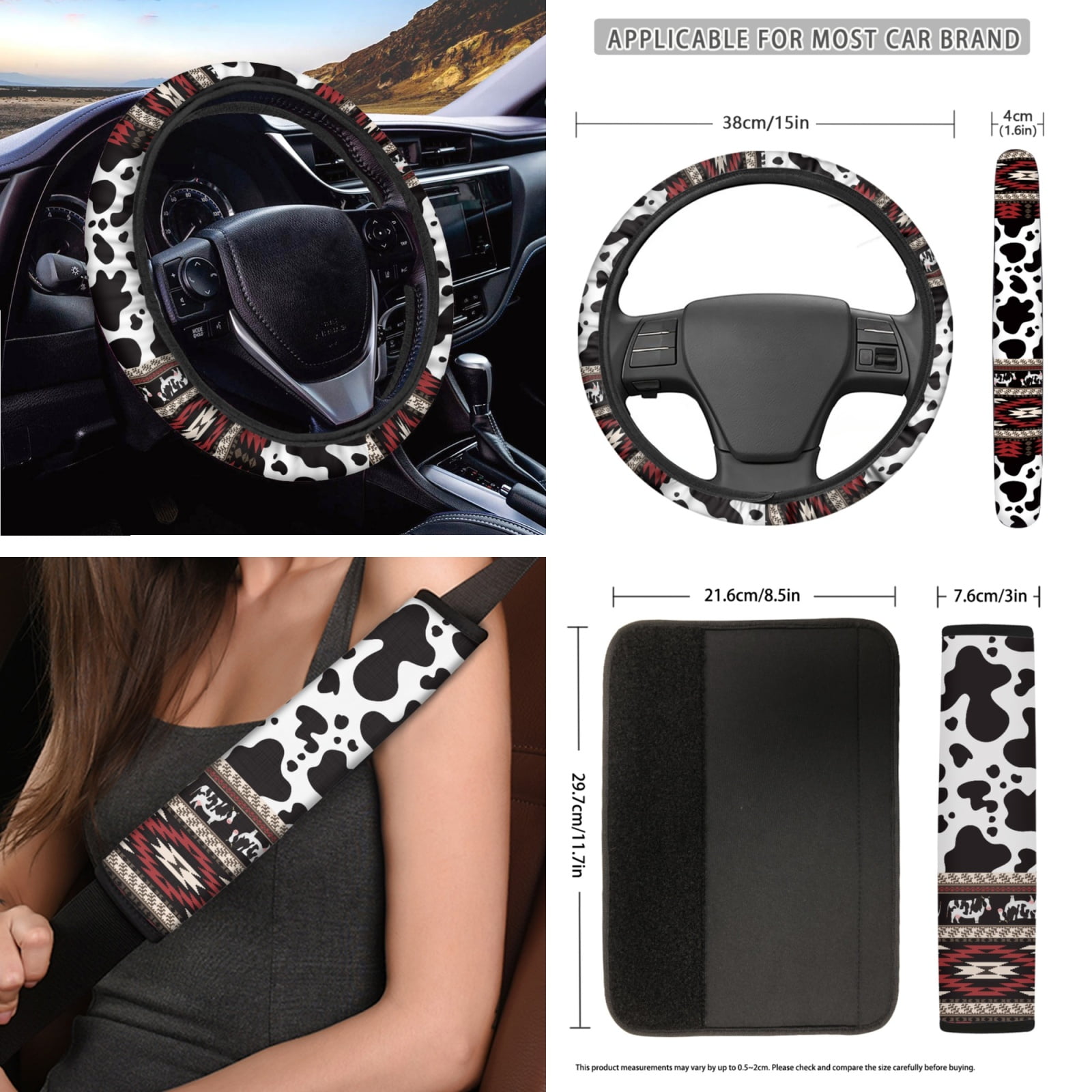 Yuyamidu Cow Print Car Front Seat Cover Set with Steering Wheel Cover Red Aztec Seat Belt Pads Armrest Cover Coasters Trash Bag Air Vent Storage Bag Rearview Mirror Cover Keychain, 12 Pack