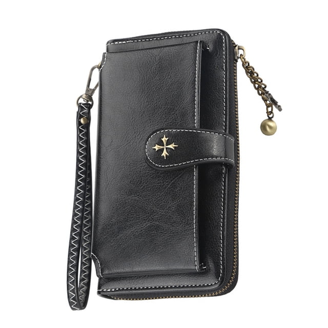 Cartera de cuero genuino para mujer con bloqueo RFID, tarjetero con cremallera, bolso para teléfono móvil