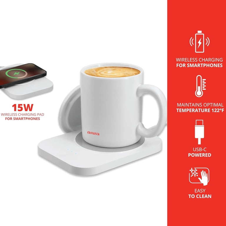 Aiwa 2-in-1 Smart Coffee Mug Warmer and 15W Wireless Phone Charger with Ceramic Mug and Lid, White