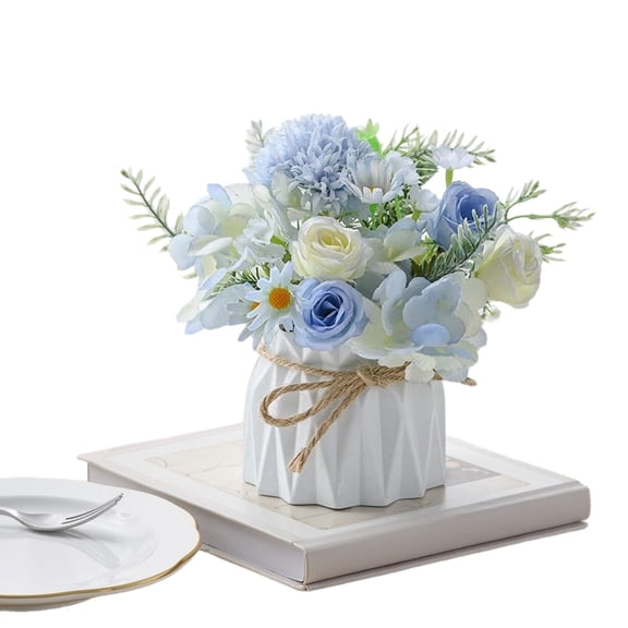 Flower Arrangements with Vase 9" Fake Flower Arrangement Small Flowers with Shatterproof Plastic Vase for Table Home Office Decor (White)