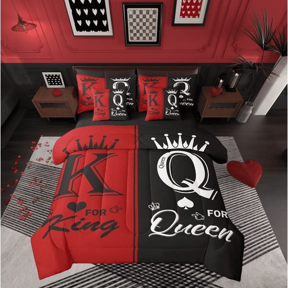 Erosebridal Black White Red Couple Queen Bedding Set 7 Piece For Adults Men Women,King And Queen Crown Comforter Set With Sheets Mr Mrs His Her Bed In A Bag Romantic Valentine'S Day Gifts Bed Set