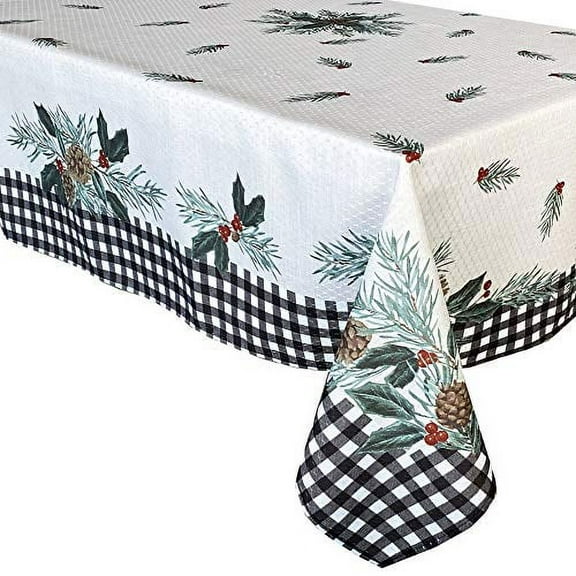 Christmas Festive Berry Black Plaid Country Rustic Bordered 52 x 70 inch Rectangle Fabric Tablecloth