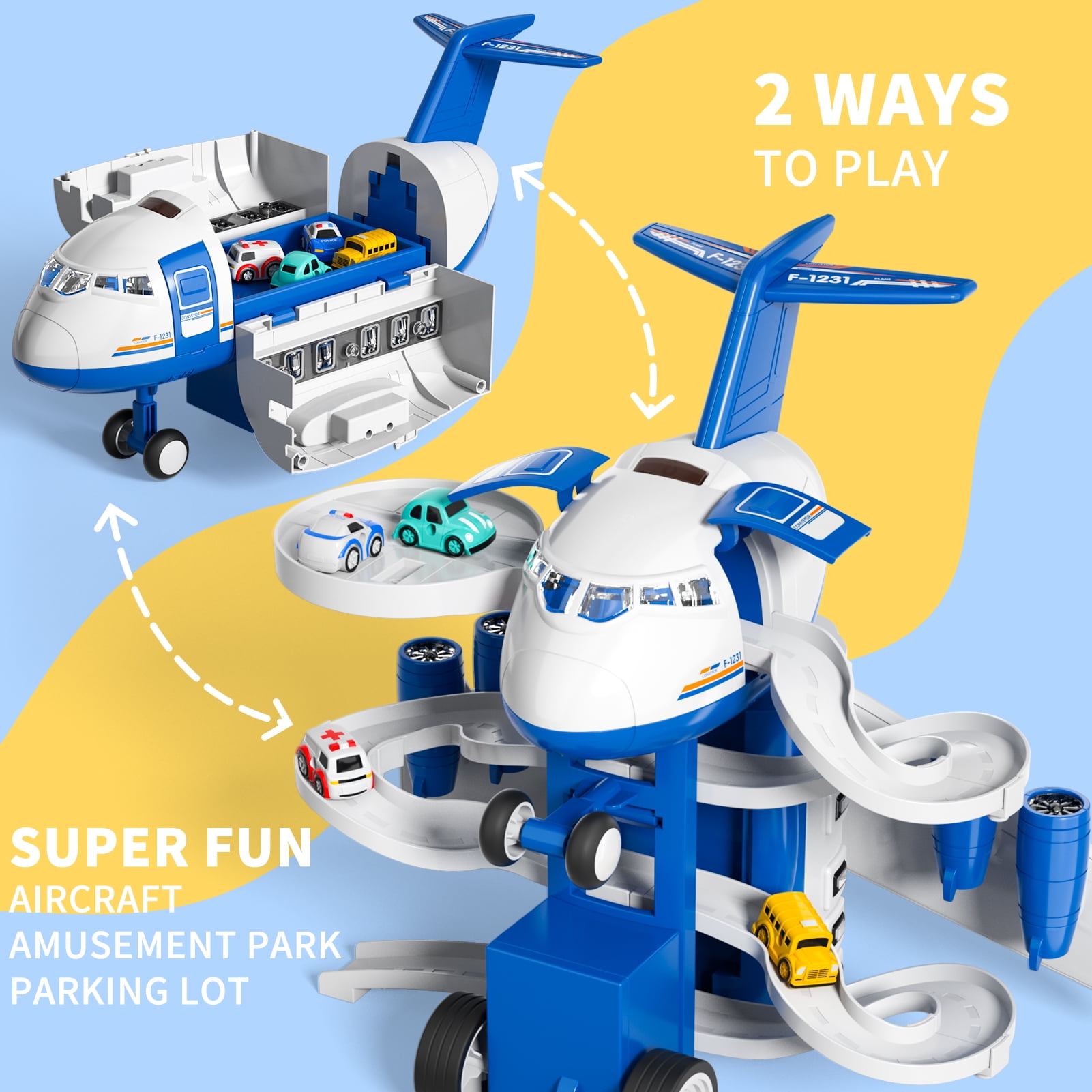 Lucky Doug Airplane Toys for Boys Ages 3-6 Years Old, Toddlers Boys Plane Toys with Track, 8 Mini Cars, Light Sound, Boys Toys Gifts for Ages 3 4 5 6