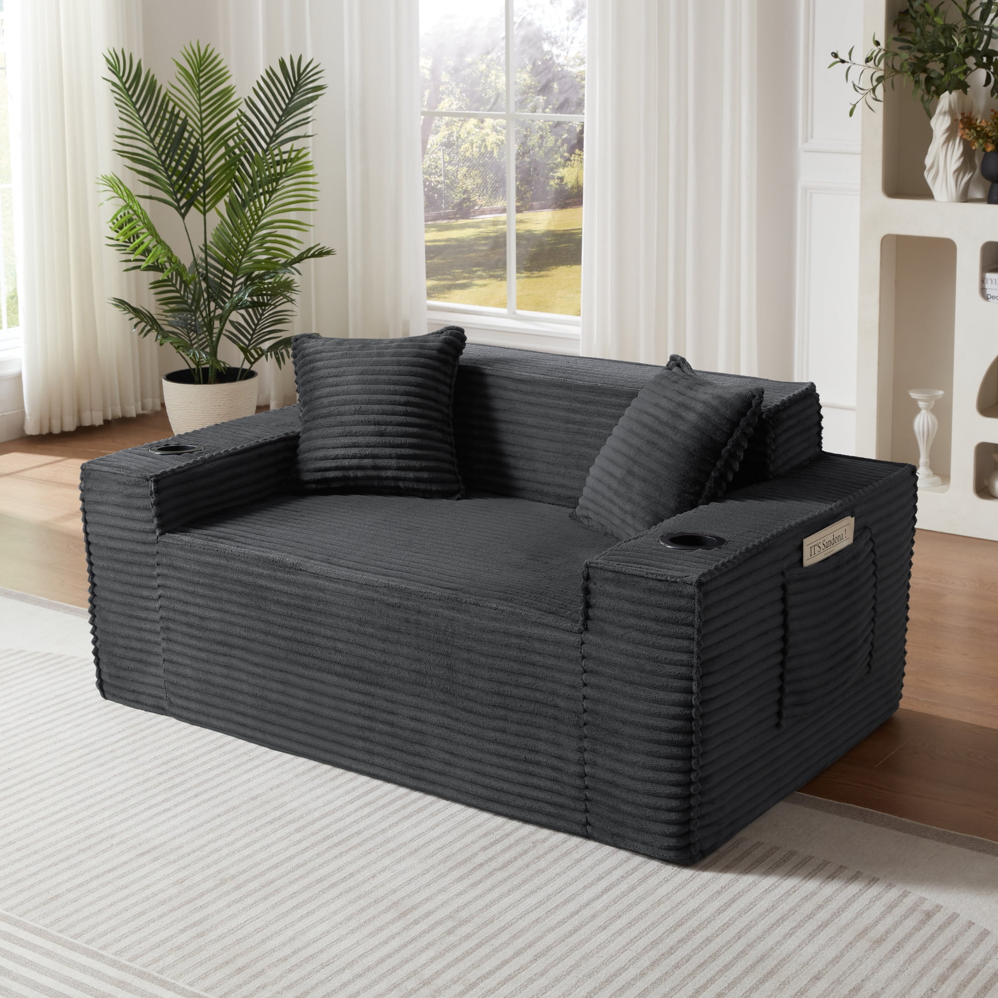 Leumius Cloud Sofa,2 Seater Boneless Couch with Cupholders,Upholstered Corduroy Fabric Modern Loveseat with Deep Seats for Living Room Bedroom,Dark Gray