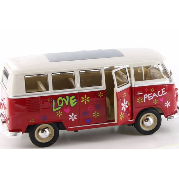 1963 Volkswagen Classical T1 Bus w/ Love/Peace Decals, Red - Welly 22095A1/4D - 1/24 Scale Diecast Model Toy Car (Brand New but NO BOX)