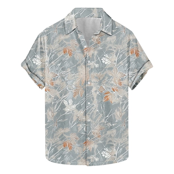 Camisas de Manga Corta de los Hombres Casual Hoja Impresión Solapa Superior, Mezcla de Poliéster/Spandex de la Moda para la Fiesta Y la Playa