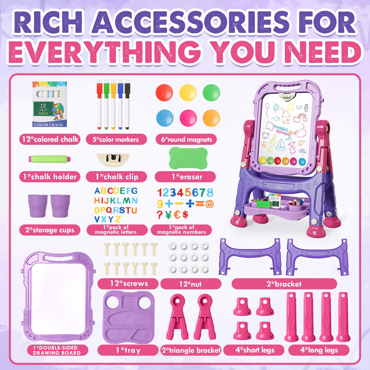 Easel for Kids, Kids Easel 4 in 1 Rotatable Double Sided Adjustable Standing Art Easel Drawing Board White Board Chalkboard for Toddlers Boys Girls with Painting Accessories - Purple