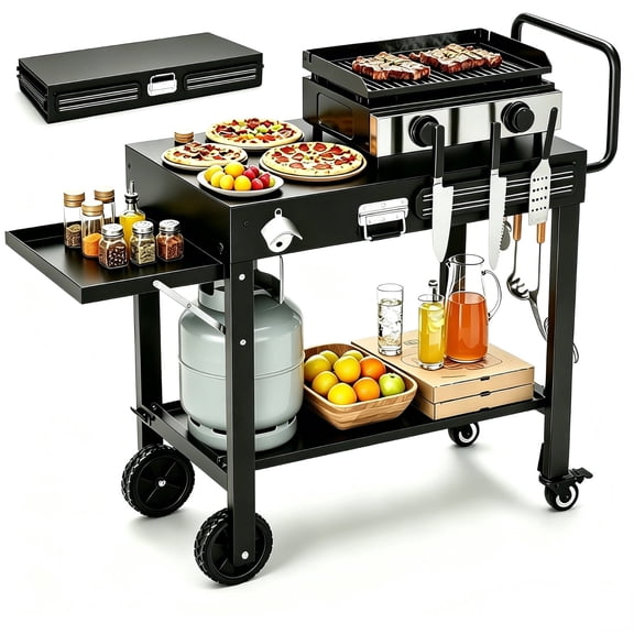 Outdoor Grill Table, Blackstone Griddle Accessories, Portable Pizza Oven Table with Pizza Topping Station, Foldable Grill Cart, Black