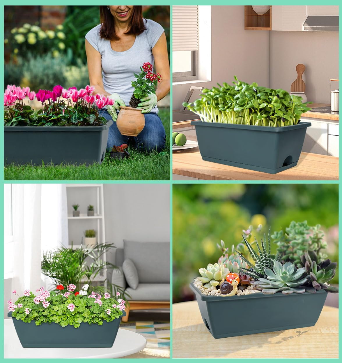 7-Pack Plastic Window Box Planters 17 Inch Rectangular Flower Pots with Saucers for Indoor Outdoor Garden Patio Home Decor