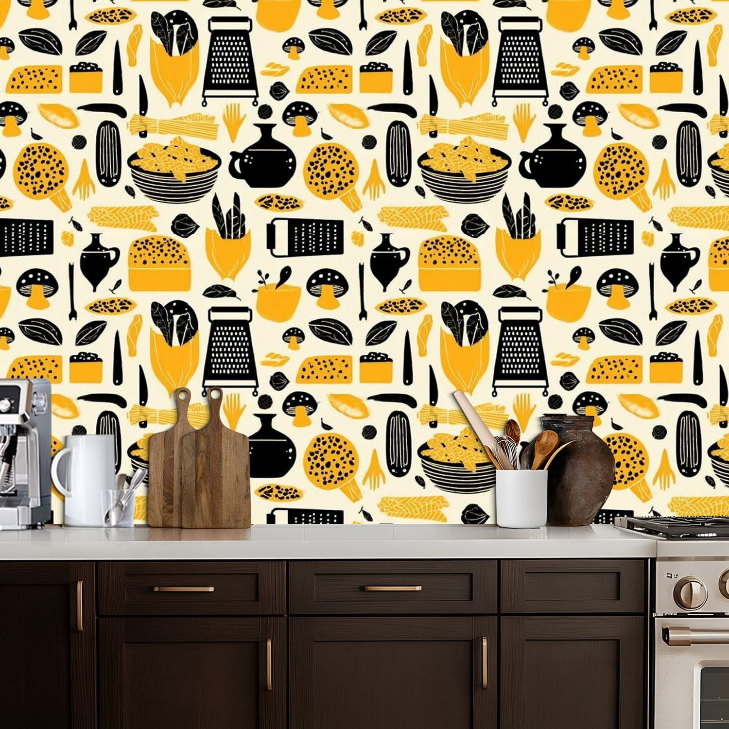 Modern Peel and Stick Wallpaper 17.7in x 9.8ft Abstract Food Mushrooms Vegetables Yellow Black Contact Paper Self-Adhesive Removable Wall Paper for Bedroom Kitchen Cabinet Renter Friendly