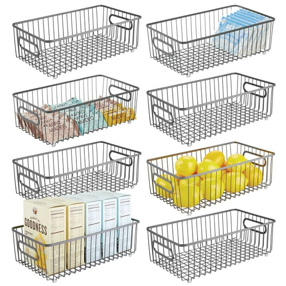mDesign Metal Farmhouse Kitchen Pantry Food Storage Organizer Basket Bin - Wire Grid Design for Cabinets, Cupboards, Shelves, Countertops - Holds Potatoes, Onions, Fruit - Long, 8 Pack - Graphite Gray