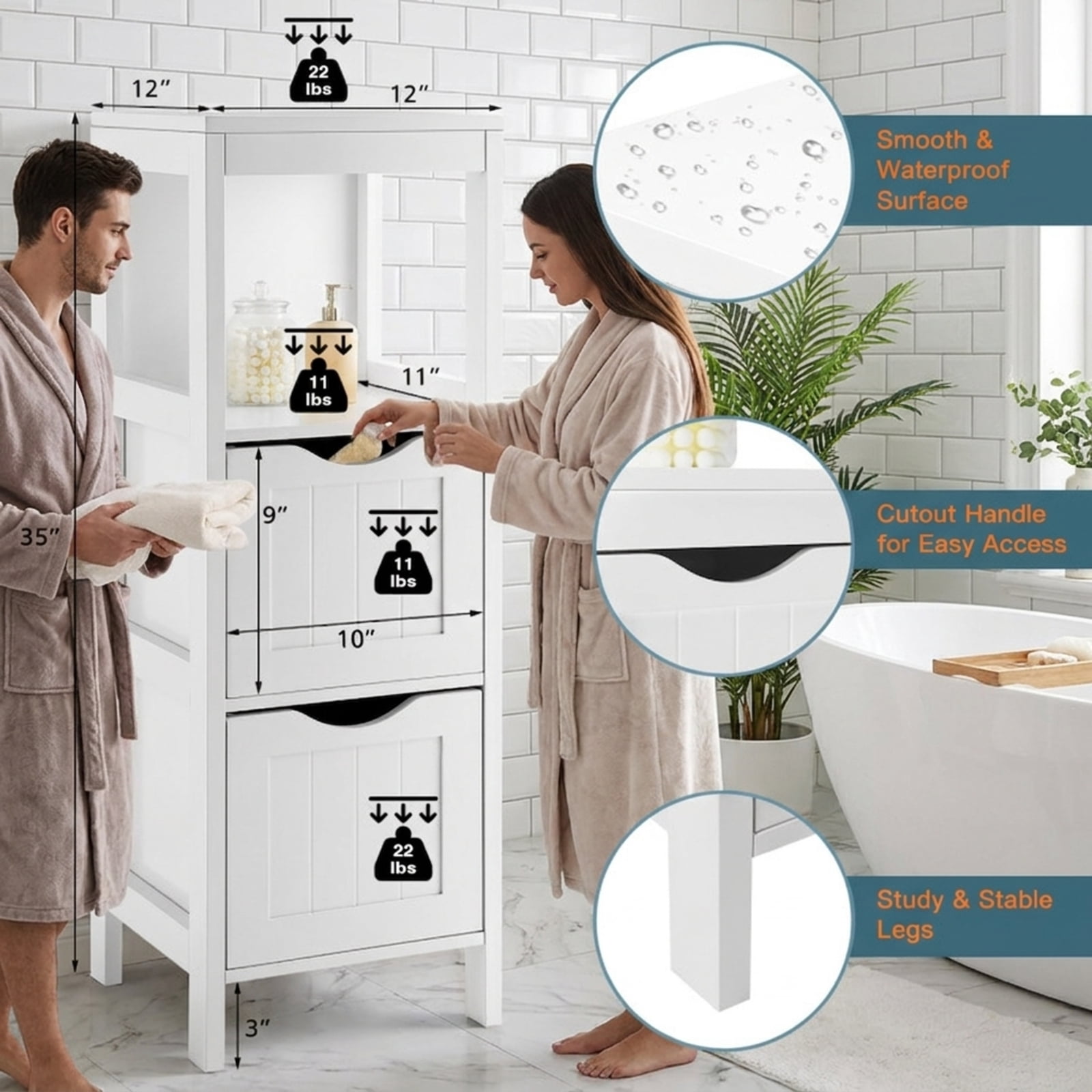 SUGIFT Freestanding Bathroom Storage Cabinet with 2 Removable Drawers, Narrow Wood Floor Storage Cabinet with Open Shelves, Slim Accent Cabinet for Bathroom Kitchen, White