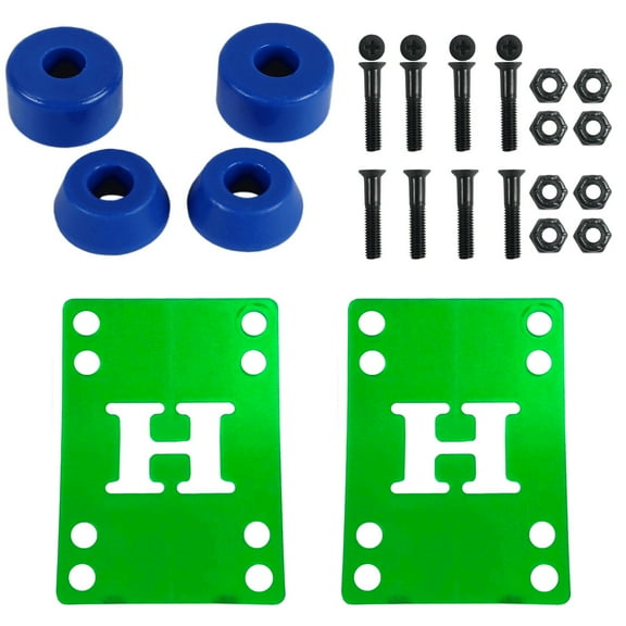 Skateboard Bushings Soft 88 with Green Riser Pads and 1" Phillips Hardware