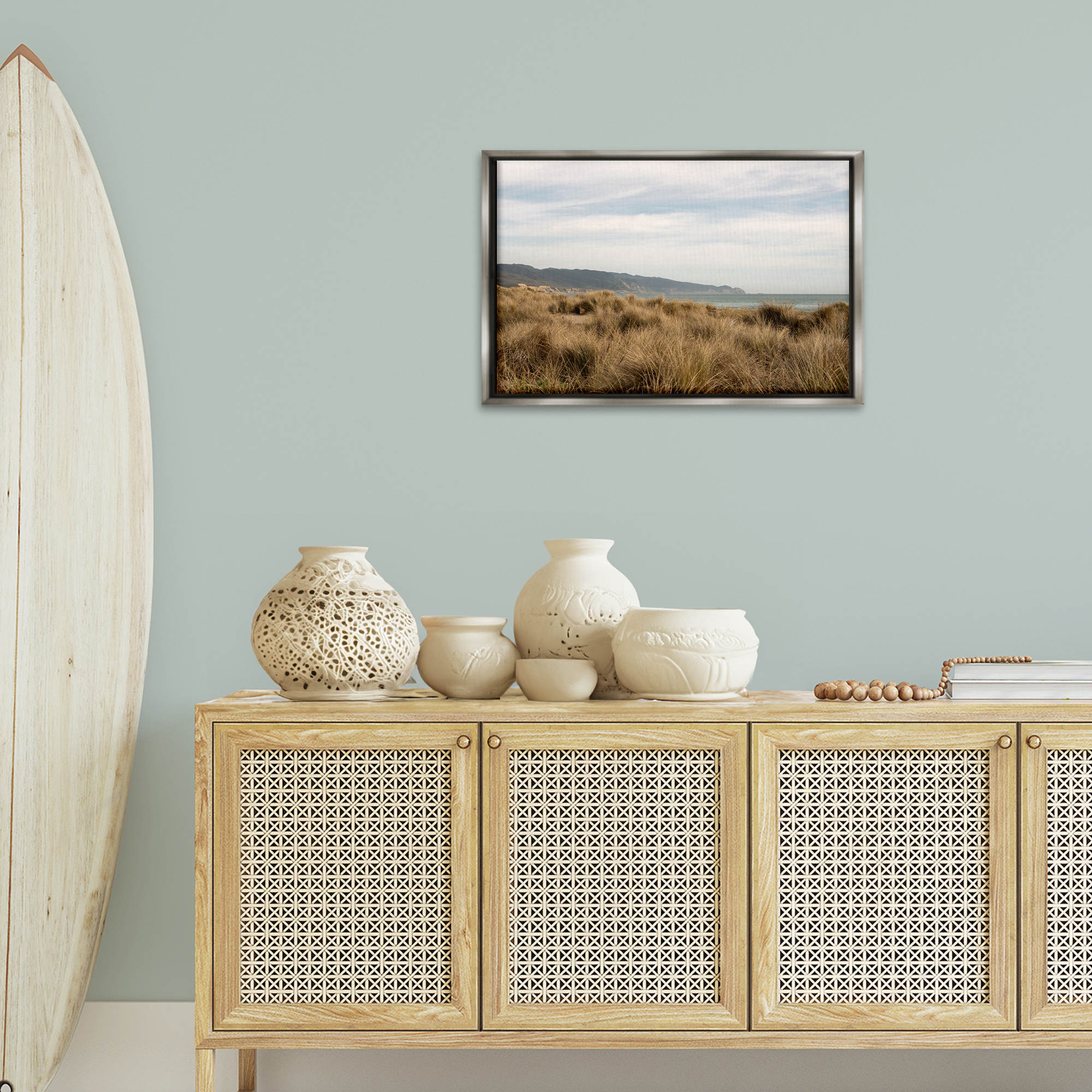 Stupell Industries Windy Grass Dunes View Landscape & Nature Photography Gray Floater Framed Canvas Art Print Wall Art, 25 x 17