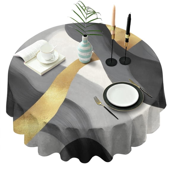 Gray and Gold Marble Wavy Lines Pattern Round Tablecloth 60"x60",Wrinkle Wipeable Table Cloth for Kitchen Dining Room Picnic Patio Party
