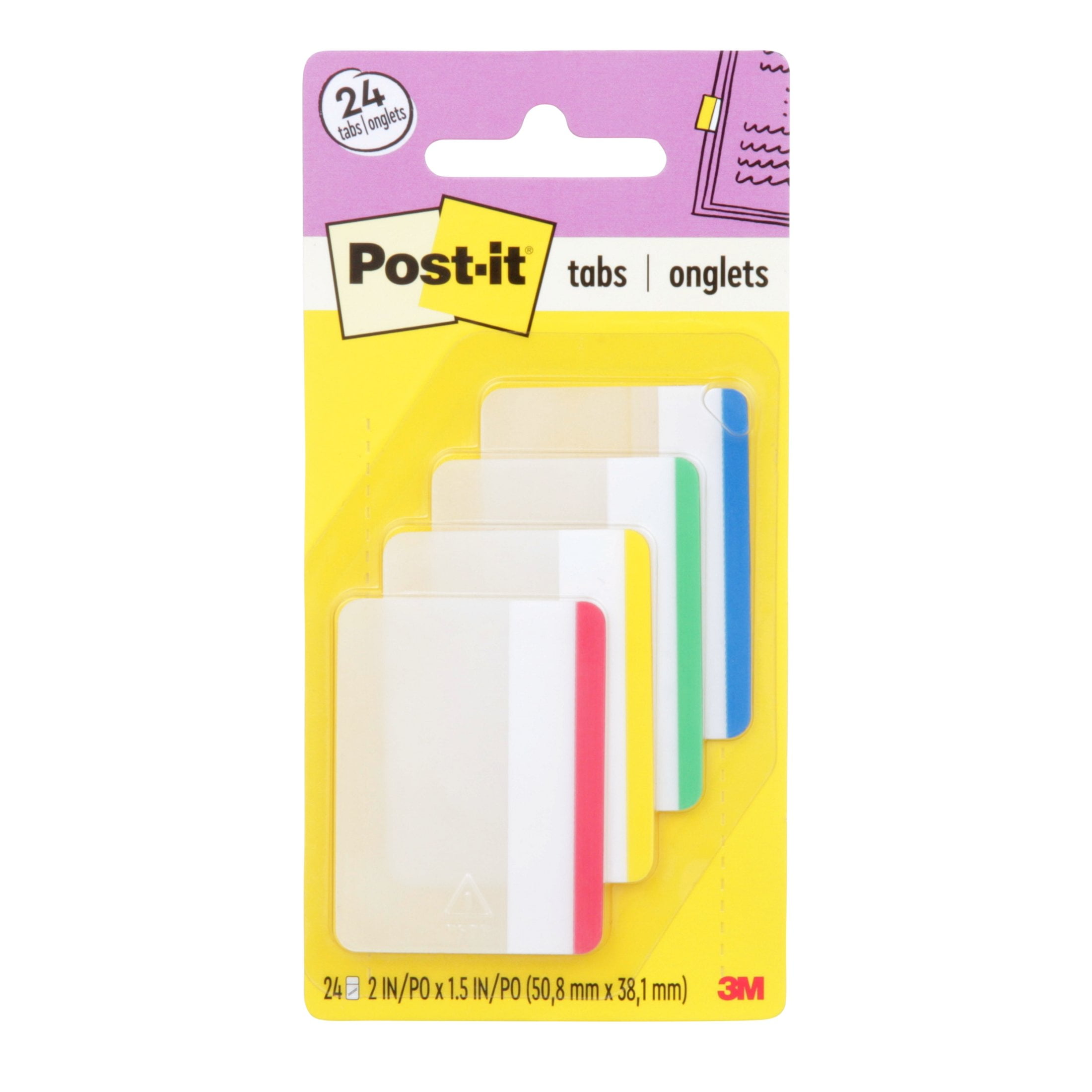 (2 pack) Post-it Tabs, 2 in., Lined, 6 Assorted Primary Colors, 24 Tabs