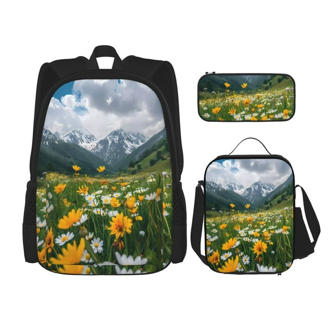 Vsdgher Mountain Daisy Meadow Print Large Capacity Backpack Lunch Bag Pencil Case Combination 3 Piece Set for Student
